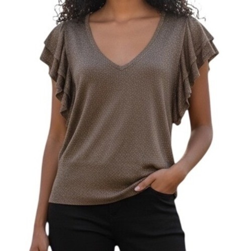 EXPRESS Gray and Silver Sparkle Flutter Sleeve V Neck Knit Top EUC Size Small‎